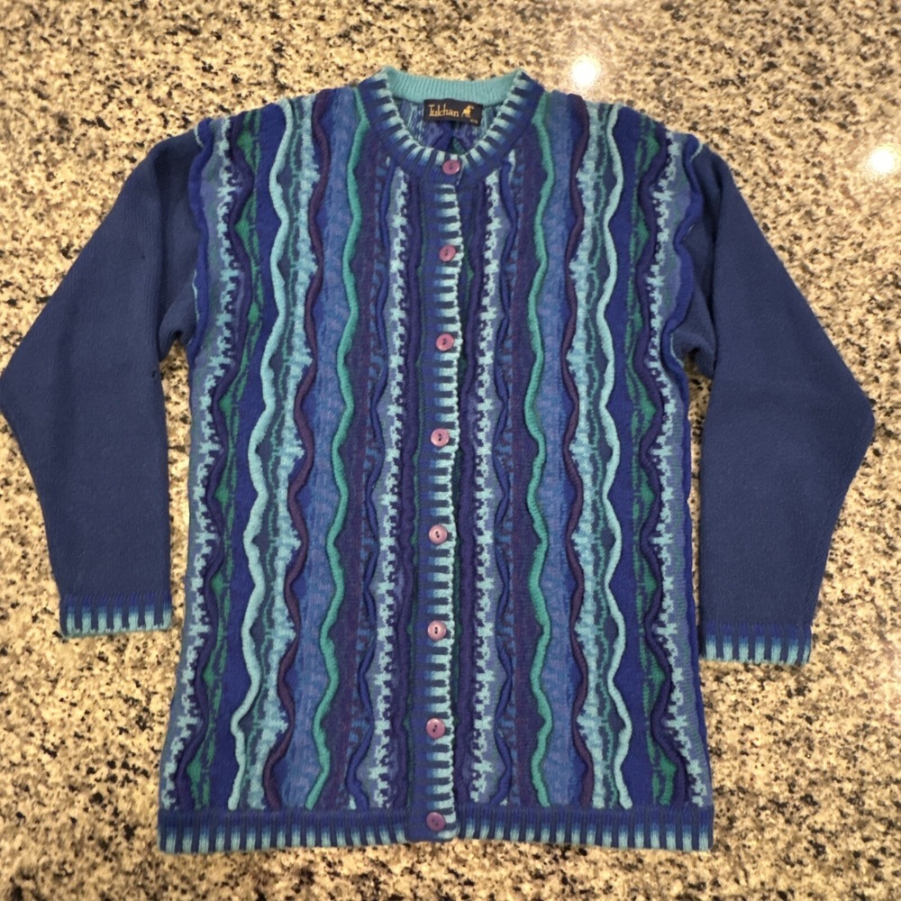 Vintage 90s Tulchan Cardigan Blue Wool Oversized Coogi S/M Unisex Festival‎ Ugly